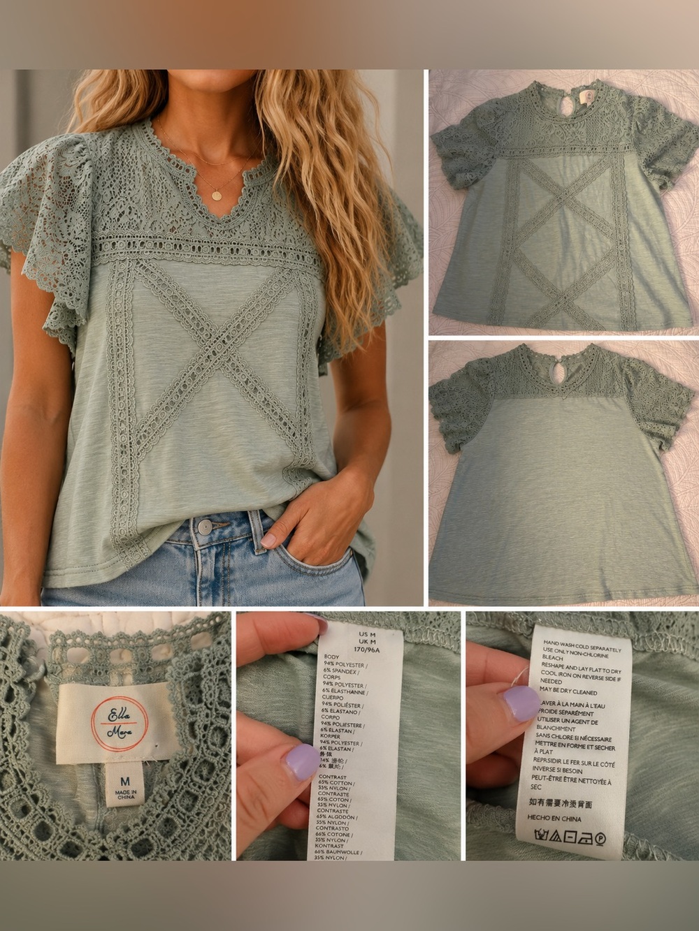 Ella Mara Sage Green Lace Flutter Sleeve Boho Top Size M